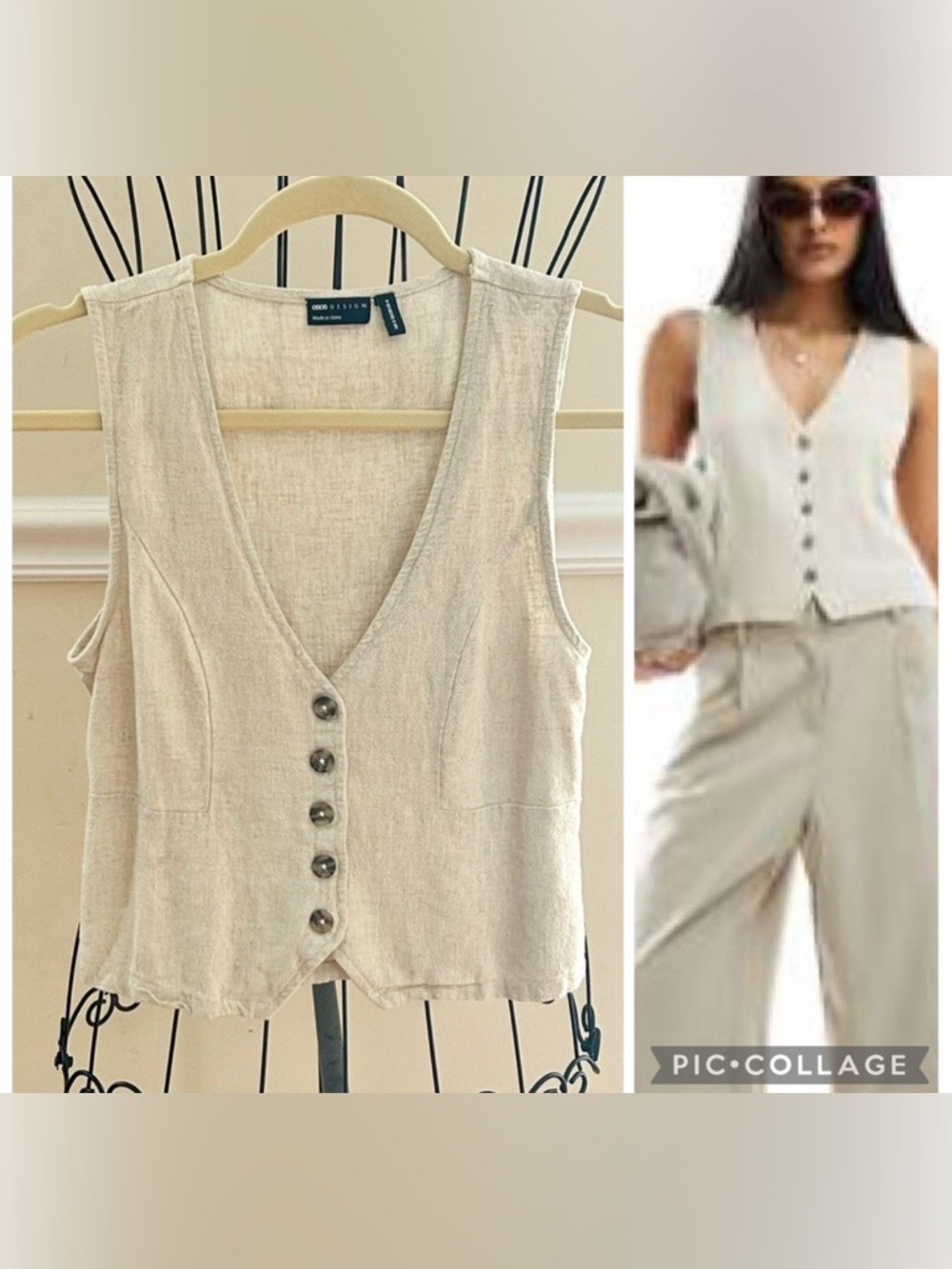 ASOS Linen Blend Button-Down Vest in Natural